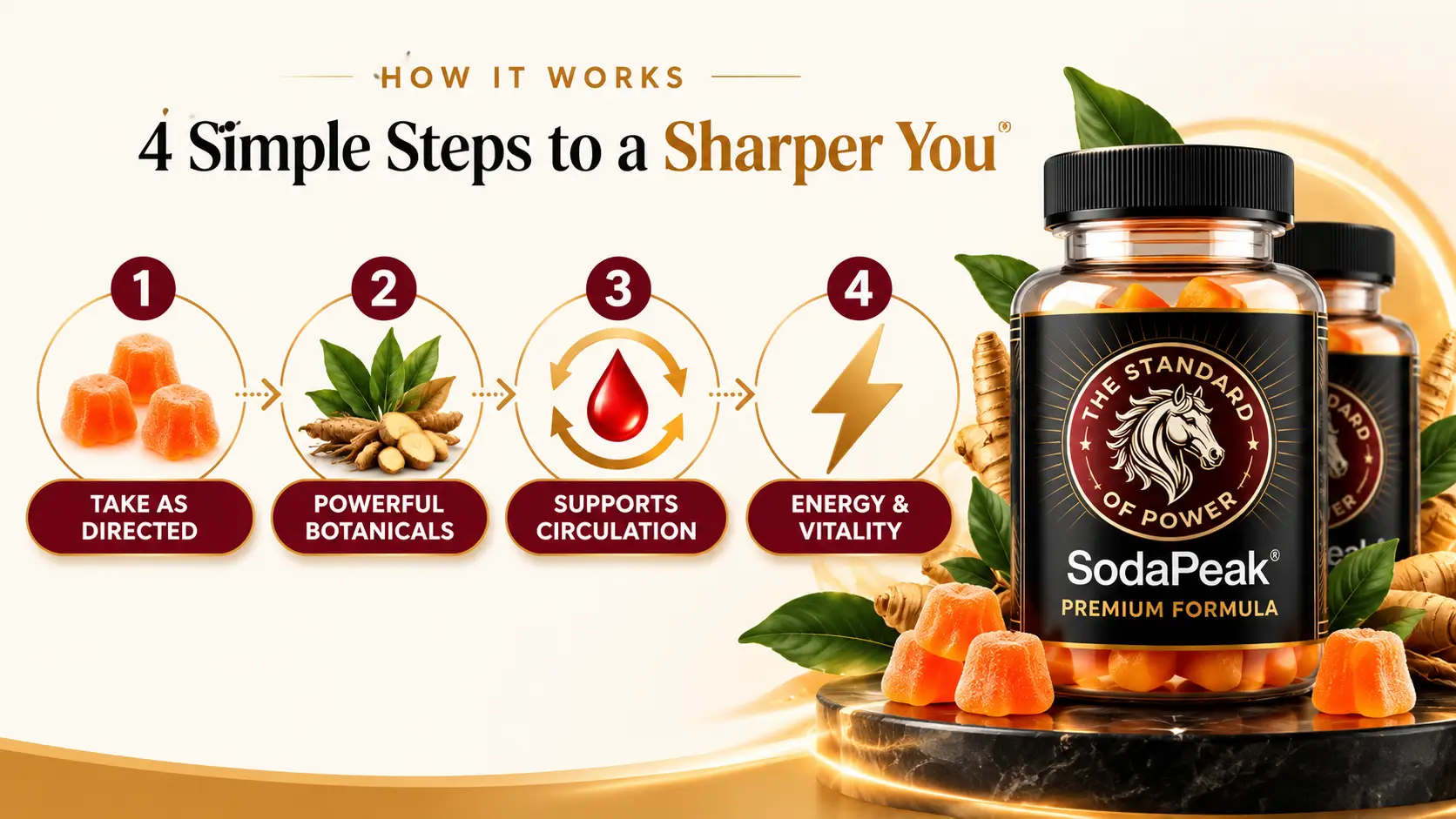 Four illustrated steps for SodaPeak: take as directed, botanicals, circulation, energy and vitality